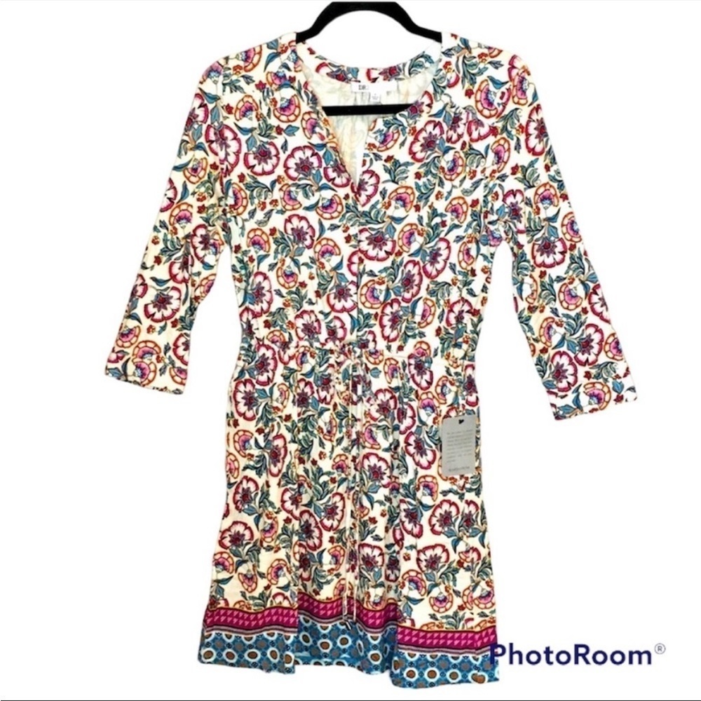DR2 Floral Boho Dress NWT Small Button Front Tie Waist 3/4 Sleeve